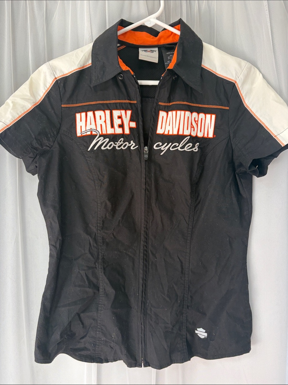 Harley-Davidson Black White Orange Zip-Front Short Sleeve Shirt